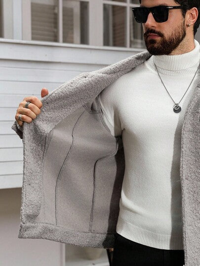 Manfinity Homme معطف كاجوال أحادي الصدر من الفرو الصناعي للرجال، خريف/شتاء
