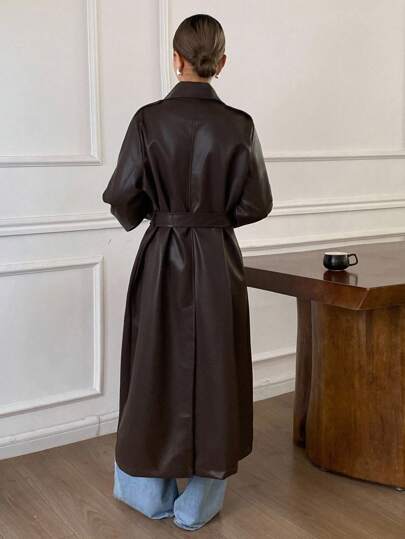 Livesso معطف نسائي جلدي جديد للخريف/الشتاء، فضفاض وكاجوال، سميك وأنيق، من جلد PU ثقيل الجودة، طويل وعادي الحجم