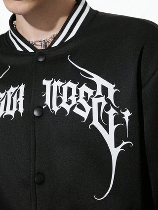 ROMWE MEN Goth جاكيت بيسبول كاجوال أحادية الصدر بأكمام طويلة مطبوعة بحرف وصورة نمر للرجال في فصل الخريف