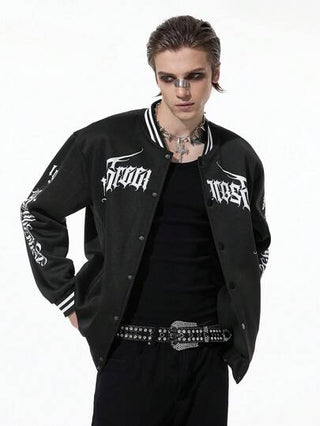 ROMWE MEN Goth جاكيت بيسبول كاجوال أحادية الصدر بأكمام طويلة مطبوعة بحرف وصورة نمر للرجال في فصل الخريف