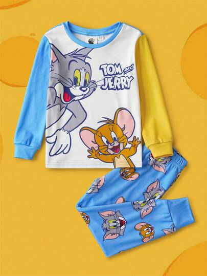 TOM & JERRY X SHEIN طقم بيجاما مريح من قميص كم طويل وشورت للأولاد الصغار بتصميم كرتوني أزرق وجميل