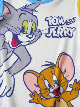 TOM & JERRY X SHEIN طقم بيجاما مريح من قميص كم طويل وشورت للأولاد الصغار بتصميم كرتوني أزرق وجميل