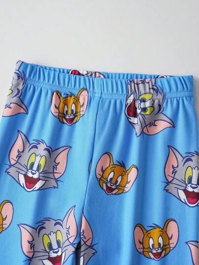 TOM & JERRY X SHEIN طقم بيجاما مريح من قميص كم طويل وشورت للأولاد الصغار بتصميم كرتوني أزرق وجميل
