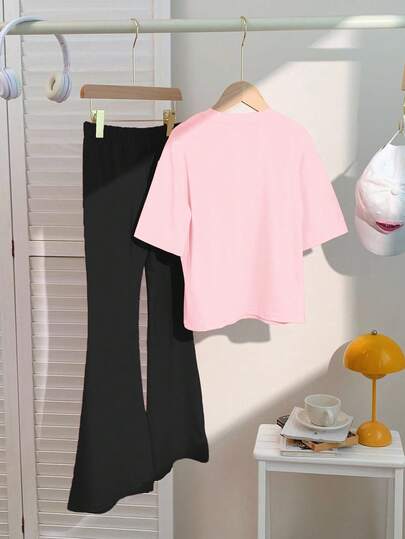 SHEIN Leap Crew مجموعة قميص كاجوال بأكمام قصيرة وبنطال واسع مطبوع بطبعة الكابيبارا لفتيات المراهقات، صيفي