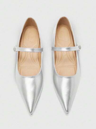 CUCCOO BIZCHIC أحذية ماري جين مسطحة بأصبع قدم مدبب للنساء باللون الفضي