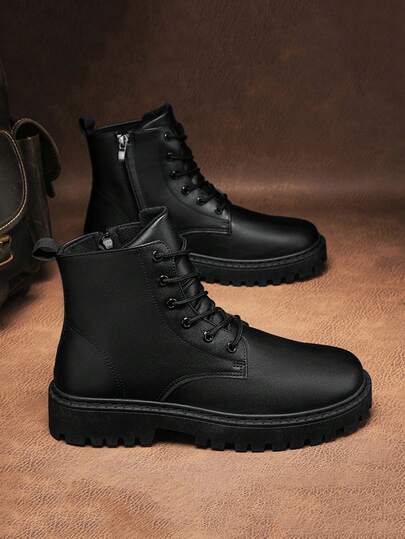 بوت جلدية خريفية للرجال، بوت جلدية سوداء عالية الكاحل مقاومة للماء، بوت عمل وتنزه بطراز بريطاني كاجوال رجعي