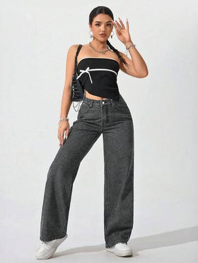 SHEIN PETITE بنطلون جينز نسائي بخصر عالي وساق واسعة فضفاضة وجيوب، متعدد الاستخدامات