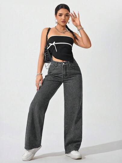SHEIN PETITE بنطلون جينز نسائي بخصر عالي وساق واسعة فضفاضة وجيوب، متعدد الاستخدامات