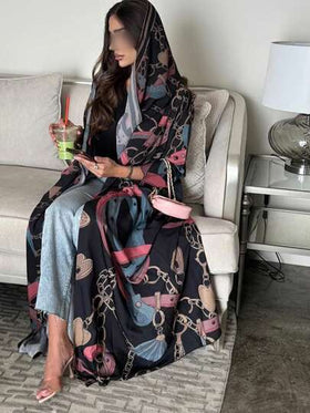 عباءة طويلة مطبوعة بطراز دبي للشرق الأوسط، وشاح مفتوح، عباءة نسائية موضة مطبوعة بالسلاسل