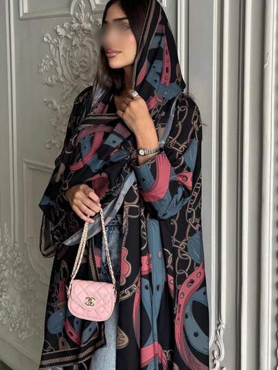 عباءة طويلة مطبوعة بطراز دبي للشرق الأوسط، وشاح مفتوح، عباءة نسائية موضة مطبوعة بالسلاسل