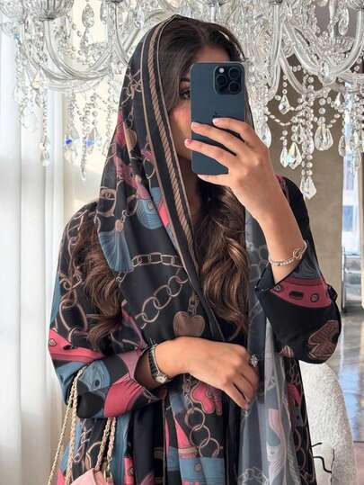 عباءة طويلة مطبوعة بطراز دبي للشرق الأوسط، وشاح مفتوح، عباءة نسائية موضة مطبوعة بالسلاسل