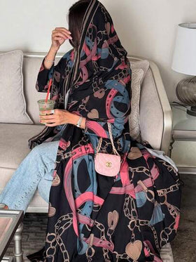 عباءة طويلة مطبوعة بطراز دبي للشرق الأوسط، وشاح مفتوح، عباءة نسائية موضة مطبوعة بالسلاسل