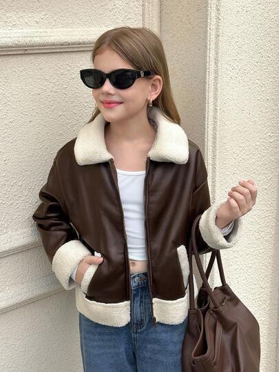SHEIN Serisse Kids جاكيت دراجة نارية للفتيات المراهقات مناسبة للخريف/الشتاء، مبطنة بطبقة عازلة من مركب البولي يوريثان، ذات ياقة ملونة بتباين، مناسبة للارتداء اليومي