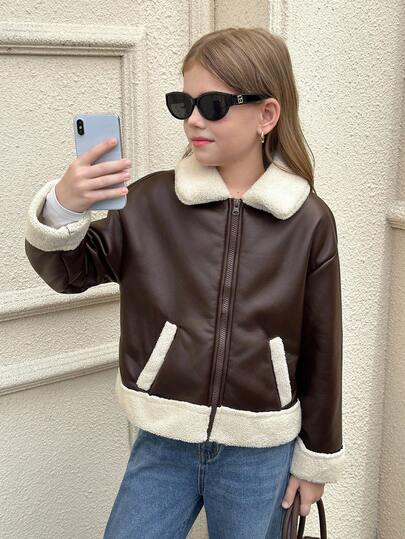SHEIN Serisse Kids جاكيت دراجة نارية للفتيات المراهقات مناسبة للخريف/الشتاء، مبطنة بطبقة عازلة من مركب البولي يوريثان، ذات ياقة ملونة بتباين، مناسبة للارتداء اليومي