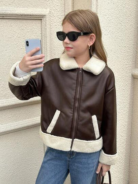 SHEIN Serisse Kids جاكيت دراجة نارية للفتيات المراهقات مناسبة للخريف/الشتاء، مبطنة بطبقة عازلة من مركب البولي يوريثان، ذات ياقة ملونة بتباين، مناسبة للارتداء اليومي