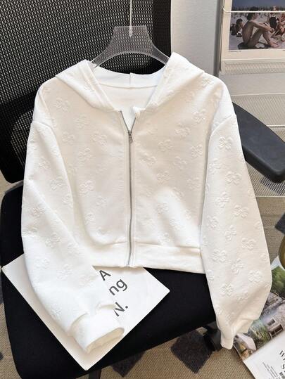 SHEIN مجموعة من قطعتين للفتيات المراهقات تتكون من هوديي قصير مزود بسحاب وشورت أبيض ذو خصر مرتفع مطاطي