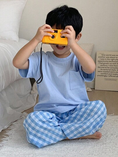Dazy Kids مجموعة من قميص كنزة بأكمام قصيرة ذو لون أحادي وبنطال قطني مربع لأطفال الحضانة، ملابس كاجوال للربيع/الصيف، قطعتان رمضان