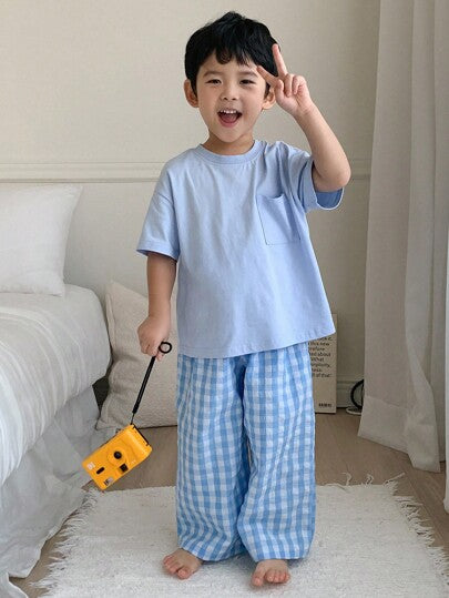 Dazy Kids مجموعة من قميص كنزة بأكمام قصيرة ذو لون أحادي وبنطال قطني مربع لأطفال الحضانة، ملابس كاجوال للربيع/الصيف، قطعتان رمضان