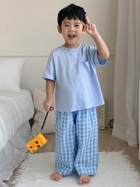 Dazy Kids مجموعة من قميص كنزة بأكمام قصيرة ذو لون أحادي وبنطال قطني مربع لأطفال الحضانة، ملابس كاجوال للربيع/الصيف، قطعتان رمضان