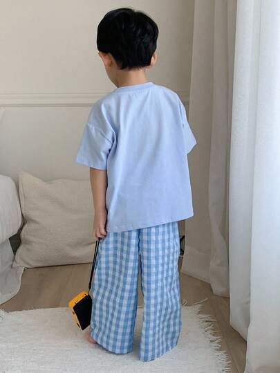 Dazy Kids مجموعة من قميص كنزة بأكمام قصيرة ذو لون أحادي وبنطال قطني مربع لأطفال الحضانة، ملابس كاجوال للربيع/الصيف، قطعتان رمضان