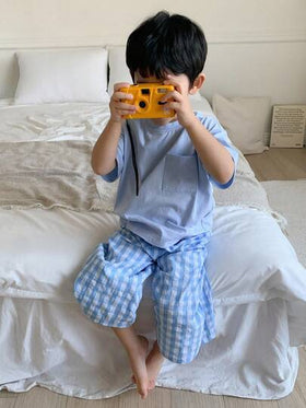 Dazy Kids مجموعة من قميص كنزة بأكمام قصيرة ذو لون أحادي وبنطال قطني مربع لأطفال الحضانة، ملابس كاجوال للربيع/الصيف، قطعتان رمضان