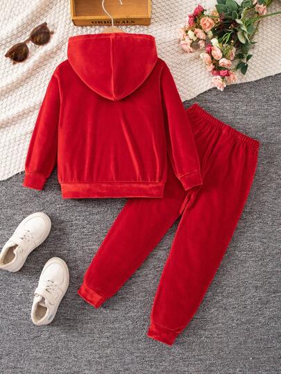 SHEIN Elladie kids مجموعة ملابس رياضية كاجوال مريحة للبنات بأكمام طويلة وقبعة، للخريف، 2 قطعة