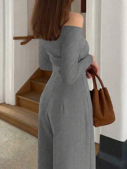 جمبسوت أنيقة بتصميم كتف مائل ومطوي طويلة الأكمام وواسعة الساق، وصول جديد للخريف والربيع