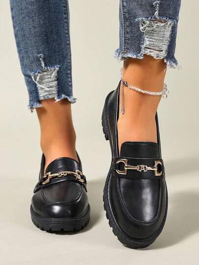 حذاء لوفر من الجلد الأسود للنساء، كعب سميك، سهل الارتداء، مزين بإبزيم معدني، نهاية لامعة، أكسفورد كاجوال، مناسب للربيع والخريف وجميع المواسم