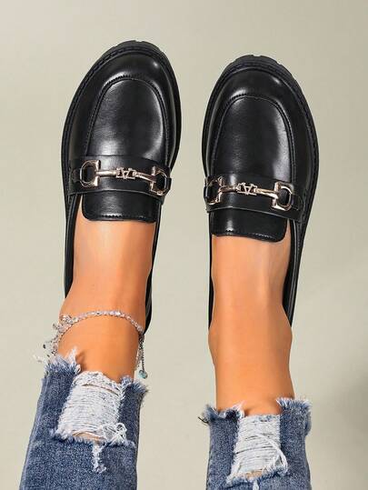 حذاء لوفر من الجلد الأسود للنساء، كعب سميك، سهل الارتداء، مزين بإبزيم معدني، نهاية لامعة، أكسفورد كاجوال، مناسب للربيع والخريف وجميع المواسم