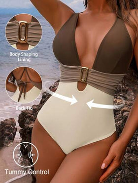 Shapewave بدلة سباحة قطعة واحدة للنساء للصيف والعطلات الشاطئية، بتصميم لوحات ملونة متباينة مع زخرفة معدنية، ظهر متقاطع قابل للتعديل، تحكم في البطن، قطع عالي