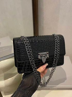حقيبة كتف نسائية صغيرة عصرية بطراز رجعي، حقيبة كروس خفيفة الوزن بسلسلة معدنية، مصنوعة من مادة البولي يوريثان، حقيبة مربعة بغطاء قفل عادي، حقيبة بنمط جلد التمساح، حقيبة تسوق للفتيات، مناسبة للتنقل اليومي للنساء
