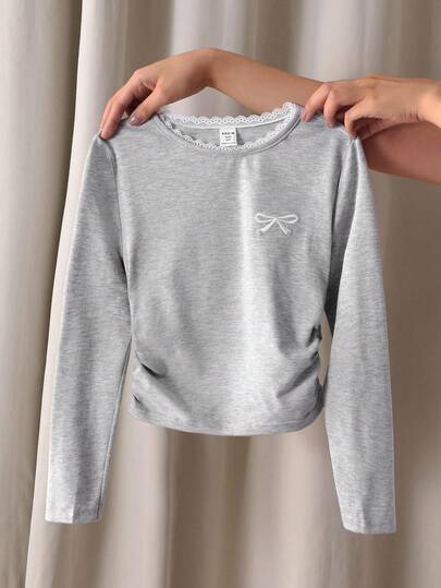 SHEIN قميص قطني مضلع طويل الأكمام مطرز بالفيونكة وبتطريز مع تصميم ملائم وتفاصيل من الدانتيل، لفتيات المراهقات، لون رمادي داكن
