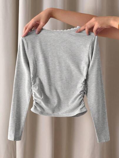SHEIN قميص قطني مضلع طويل الأكمام مطرز بالفيونكة وبتطريز مع تصميم ملائم وتفاصيل من الدانتيل، لفتيات المراهقات، لون رمادي داكن