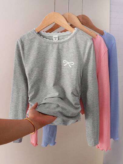 SHEIN قميص قطني مضلع طويل الأكمام مطرز بالفيونكة وبتطريز مع تصميم ملائم وتفاصيل من الدانتيل، لفتيات المراهقات، لون رمادي داكن