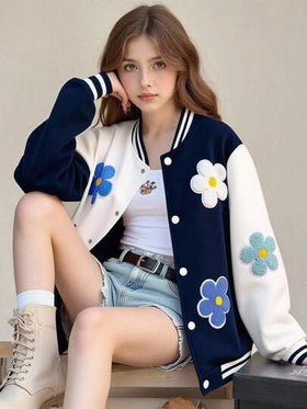 SHEIN جاكيت بيسبول كاجوال للبنات بتصميم زهري ثلاثي الأبعاد وألوان متباينة، مناسب للربيع والخريف