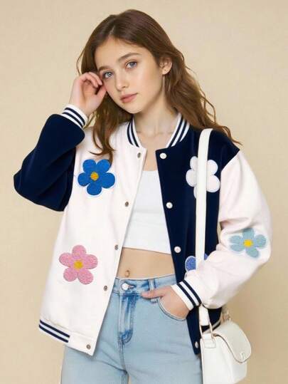 SHEIN جاكيت بيسبول كاجوال للبنات بتصميم زهري ثلاثي الأبعاد وألوان متباينة، مناسب للربيع والخريف