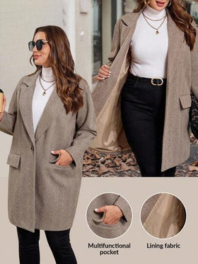 SHEIN Clasi معطف كاجوال بياقة وجيب للنساء كبيرات الحجم، خريفي
