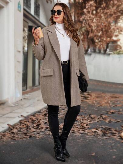 SHEIN Clasi معطف كاجوال بياقة وجيب للنساء كبيرات الحجم، خريفي