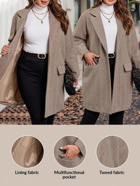 SHEIN Clasi معطف كاجوال بياقة وجيب للنساء كبيرات الحجم، خريفي