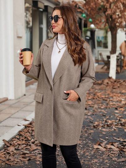 SHEIN Clasi معطف كاجوال بياقة وجيب للنساء كبيرات الحجم، خريفي
