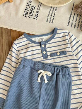 SHEIN مجموعة بنطلون وبذلة طويلة الأكمام مخططة من القطن المنسوج لطفل صغير من عمر 0-3 سنوات، للاستخدام اليومي في الربيع والصيف، قطعتان