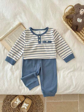 SHEIN مجموعة بنطلون وبذلة طويلة الأكمام مخططة من القطن المنسوج لطفل صغير من عمر 0-3 سنوات، للاستخدام اليومي في الربيع والصيف، قطعتان