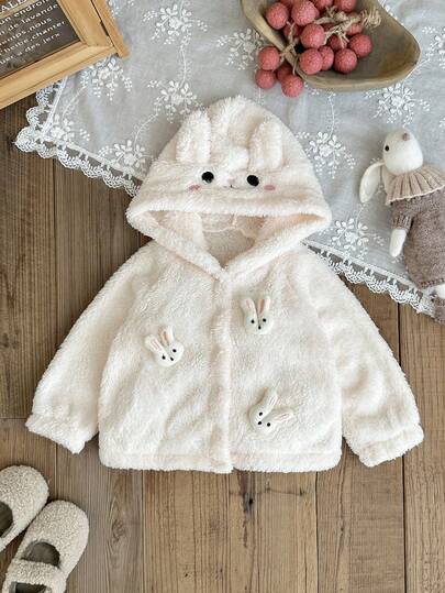 SHEIN معطف مبطن بقطعة رأس على شكل أذن أرنب ثلاثي الأبعاد للأطفال الرضع والصغار من عمر 0-3 سنوات، تصميم كاجوال لطيف