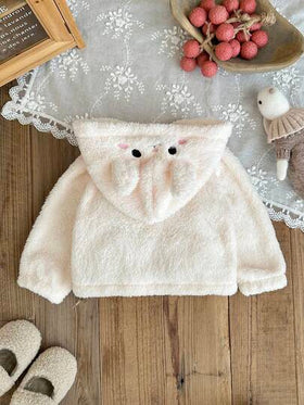 SHEIN معطف مبطن بقطعة رأس على شكل أذن أرنب ثلاثي الأبعاد للأطفال الرضع والصغار من عمر 0-3 سنوات، تصميم كاجوال لطيف