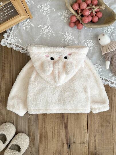 SHEIN معطف مبطن بقطعة رأس على شكل أذن أرنب ثلاثي الأبعاد للأطفال الرضع والصغار من عمر 0-3 سنوات، تصميم كاجوال لطيف