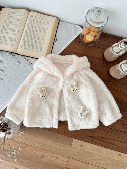 SHEIN معطف مبطن بقطعة رأس على شكل أذن أرنب ثلاثي الأبعاد للأطفال الرضع والصغار من عمر 0-3 سنوات، تصميم كاجوال لطيف
