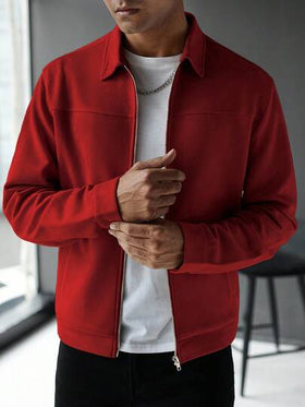 Manfinity Homme جاكيت بسيطة ذات لون أحادي مع جيب، أكمام طويلة، مناسبة للارتداء اليومي للرجال، جاكيت رجالية بسحاب أحمر، جاكيت رجالية بسحاب، جاكيت رجالية كاجوال، خريف