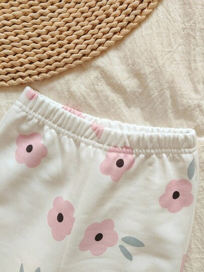 Vintaside Kids طقم جاكيت ياقة بيسبول بأكمام طويلة وبنطال كاجوال مطبوع بطبعة زهرية للبنات الصغار، مريح للتخييم والارتداء المنزلي، مناسب للأوقات الترفيهية الخارجية أو الداخلية في فصل الخريف