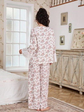 FloralLove مجموعة بيجامة نسائية مكونة من ملابس علوية طويلة الأكمام بياقة على شكل حرف V مطرزة بزخارف زهرية رقيقة وبنطلون، مزينة بتطريز وكشكشة، مناسبة للخريف والشتاء، مجموعة بيجامة من قطعتين