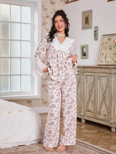 FloralLove مجموعة بيجامة نسائية مكونة من ملابس علوية طويلة الأكمام بياقة على شكل حرف V مطرزة بزخارف زهرية رقيقة وبنطلون، مزينة بتطريز وكشكشة، مناسبة للخريف والشتاء، مجموعة بيجامة من قطعتين